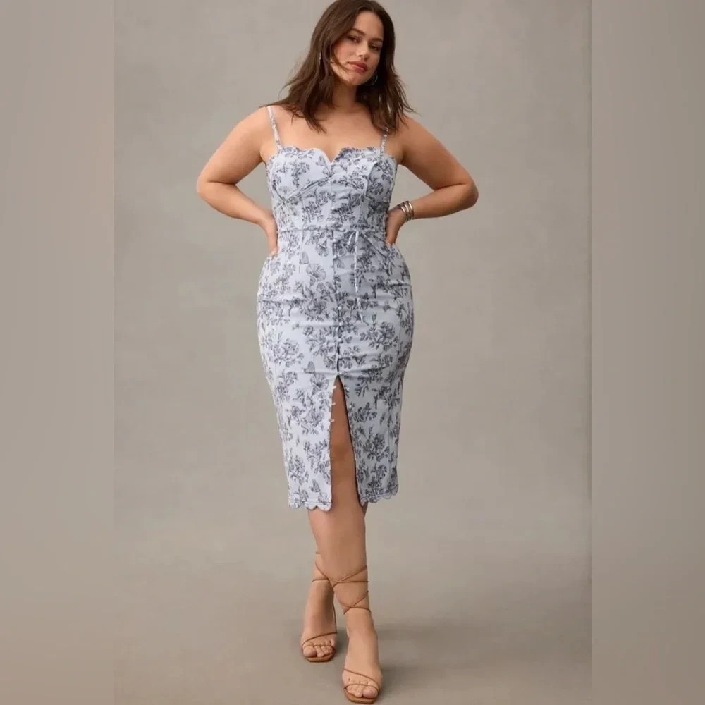 Anthropologie Slim Scalloped Front-Slit Corset Dress 20W Blue Butterfly Floral